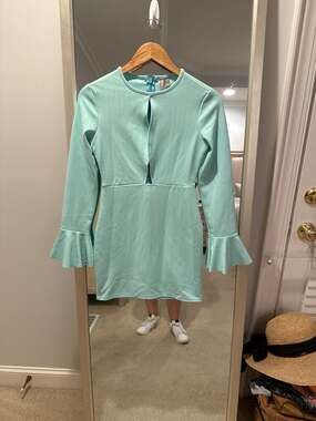 ASOS Petite Mint Green Ribbed Keyhole Mini Dress with Bell Sleeves